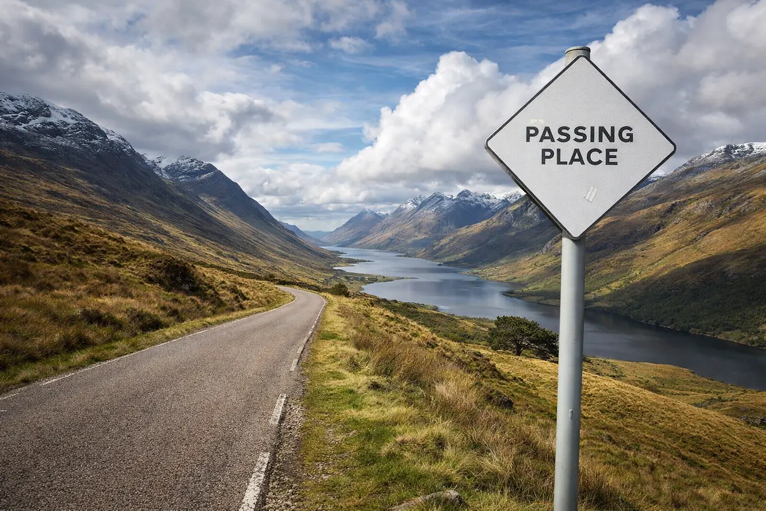 A passing place sign on a Scottish Highland single-track road