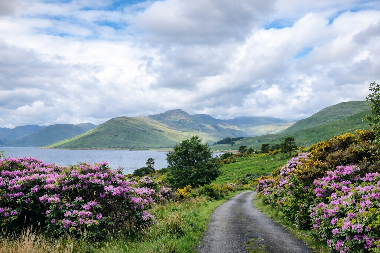 Spring in the Scottish Highlands with blooming wildflowers