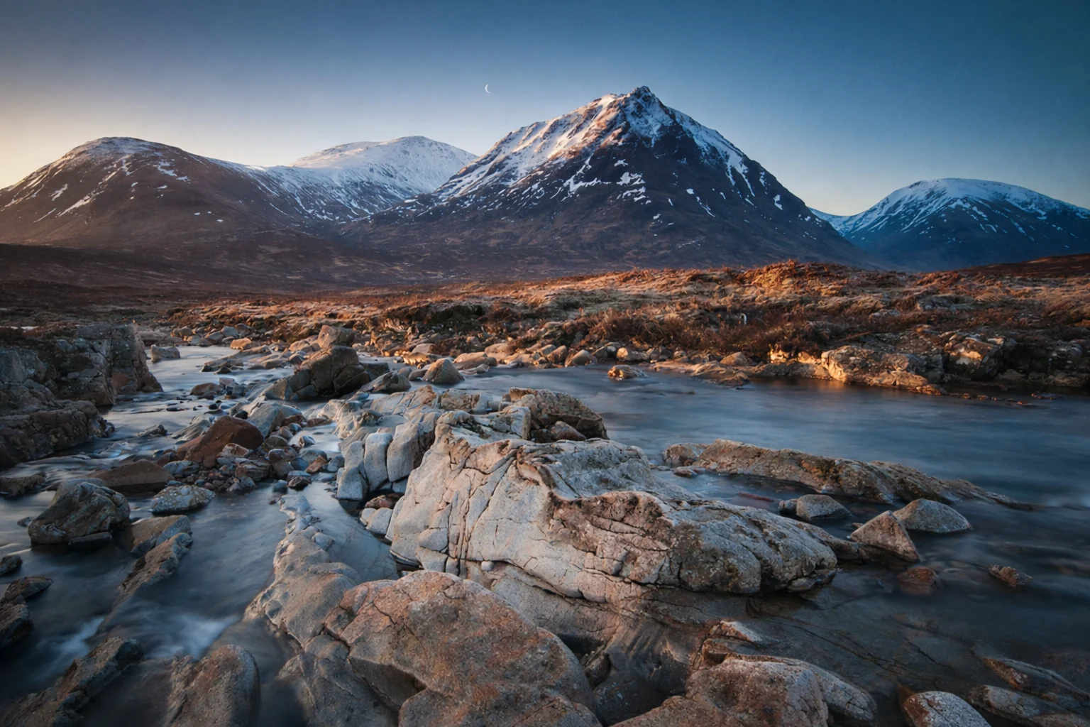 Winter in the Scottish Highlands with snow-capped mountains and low winter light