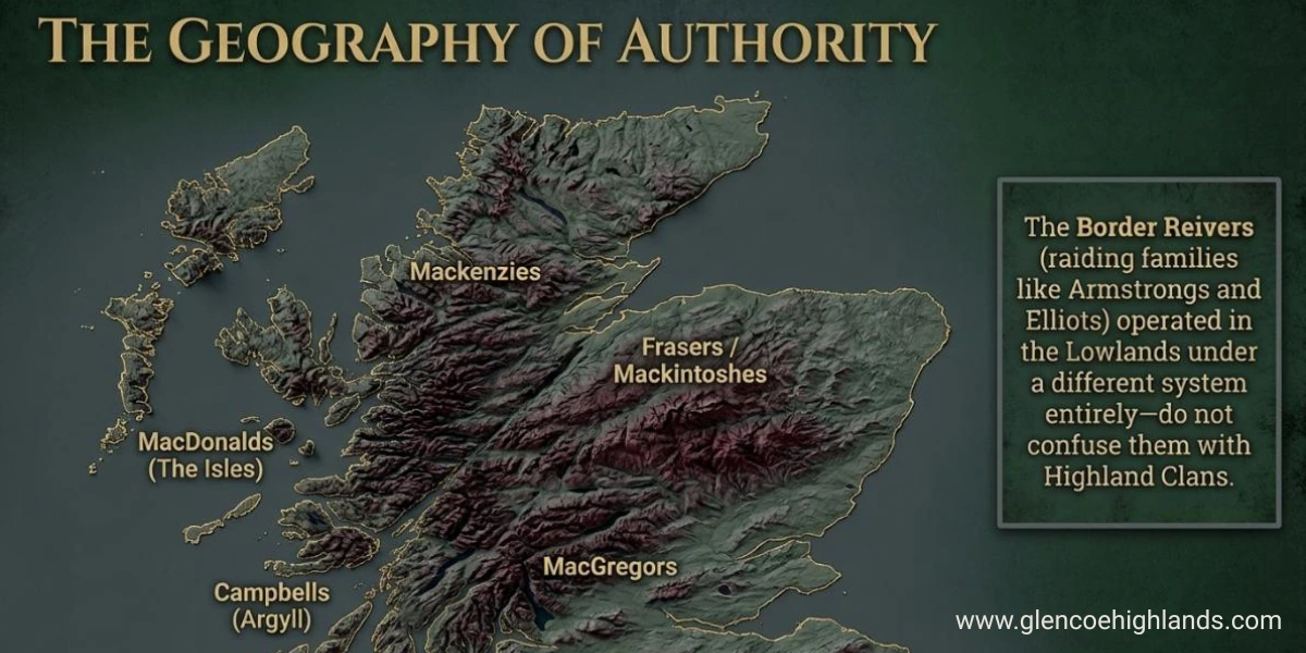 Map of Scotland showing the territorial domains of major Highland clans including MacDonalds, Campbells, Mackenzies, Frasers, and MacGregors