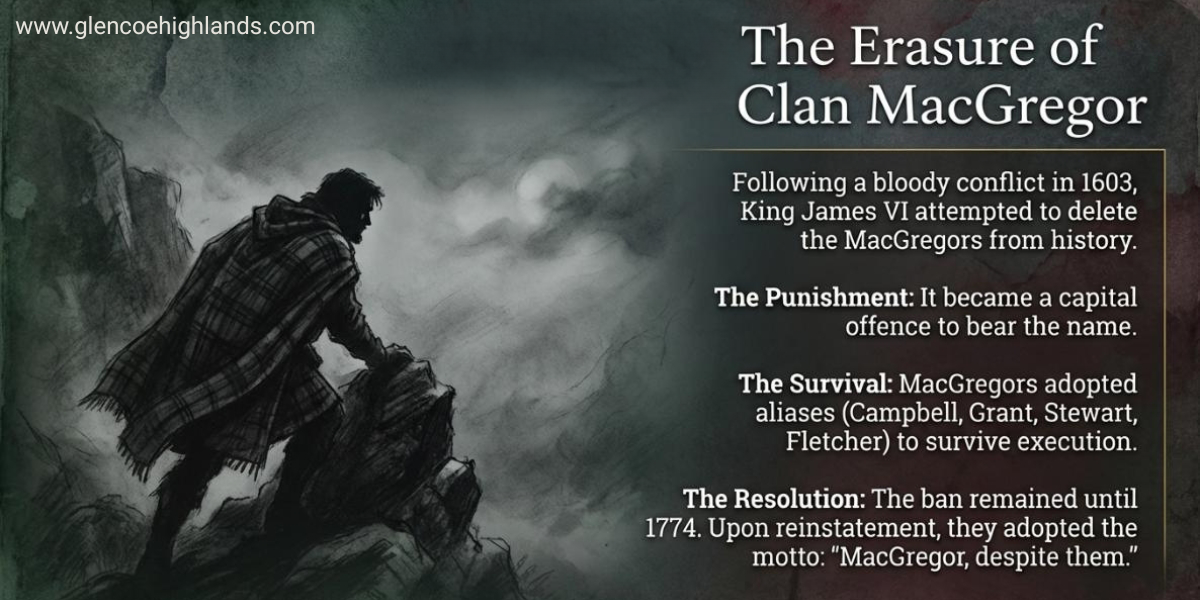Infographic about the erasure of Clan MacGregor — King James VI's 1603 ban on the MacGregor name, the punishment, their survival through aliases, and their reinstatement in 1774