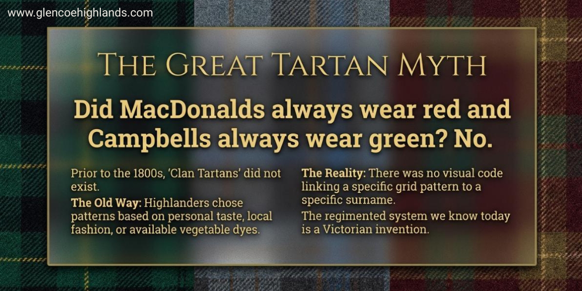 Infographic debunking the clan tartan myth — explaining that prior to the 1800s, Highlanders chose tartan patterns based on personal taste, not clan affiliation