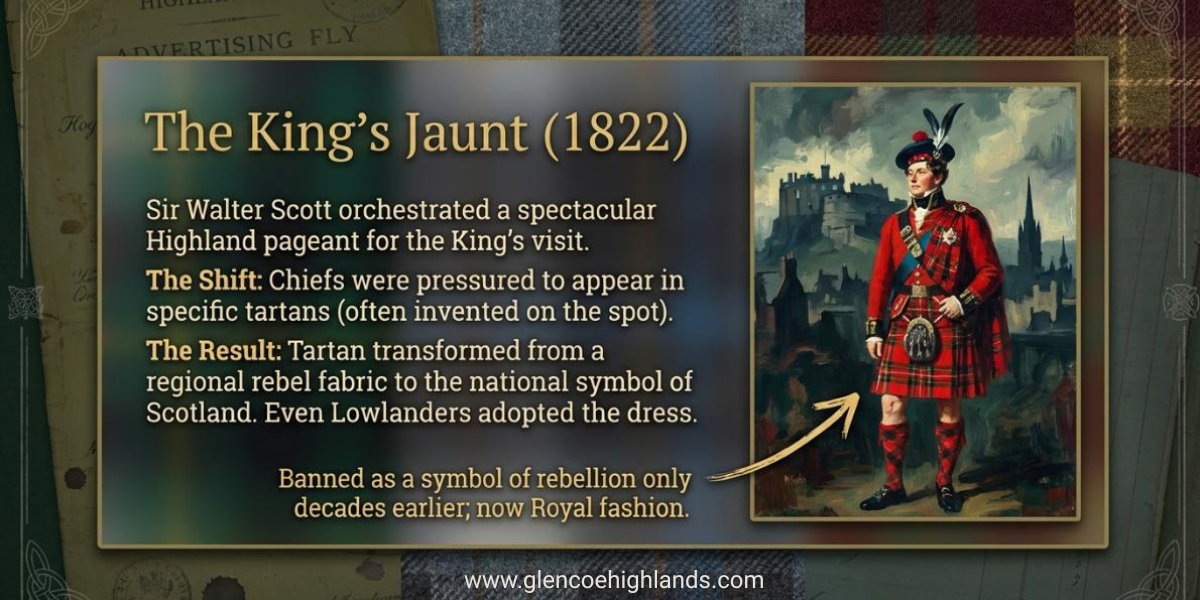 Infographic about the King's Jaunt of 1822 — Sir Walter Scott's Highland pageant for King George IV that transformed tartan from rebel fabric into Scotland's national symbol