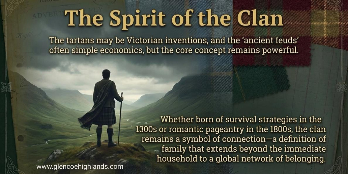 Illustration of a Highlander overlooking a Scottish glen with tartan swatches, symbolising the enduring spirit of clan identity and belonging